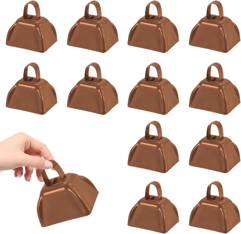HEYLEAYAR 3Inch Cowbells for Sporting Events,12Pcs Metal Cow Bells Bulk Loud Noise Makers Cow Bell with Handle for Cheering Football Games Spirit Marathon Weddings Party Noisemakers, Coffee - Image 1